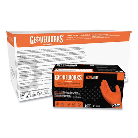 Gloveworks By Ammex Disposable Gloves, 8 mil Palm, Nitrile, Powder-Free, XL, 1000 PK, Orange GWON48100